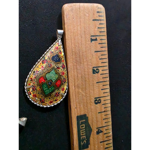 Middle Eastern Persian Hand Painted Shell Double Sided Pendant Tear Drop 2in - Picture 4 of 6